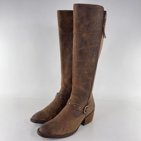 Born Women’s Alize Brown Leather Tall Boot US 10 M Double Zip Biker riding boot - Picture 1 of 10